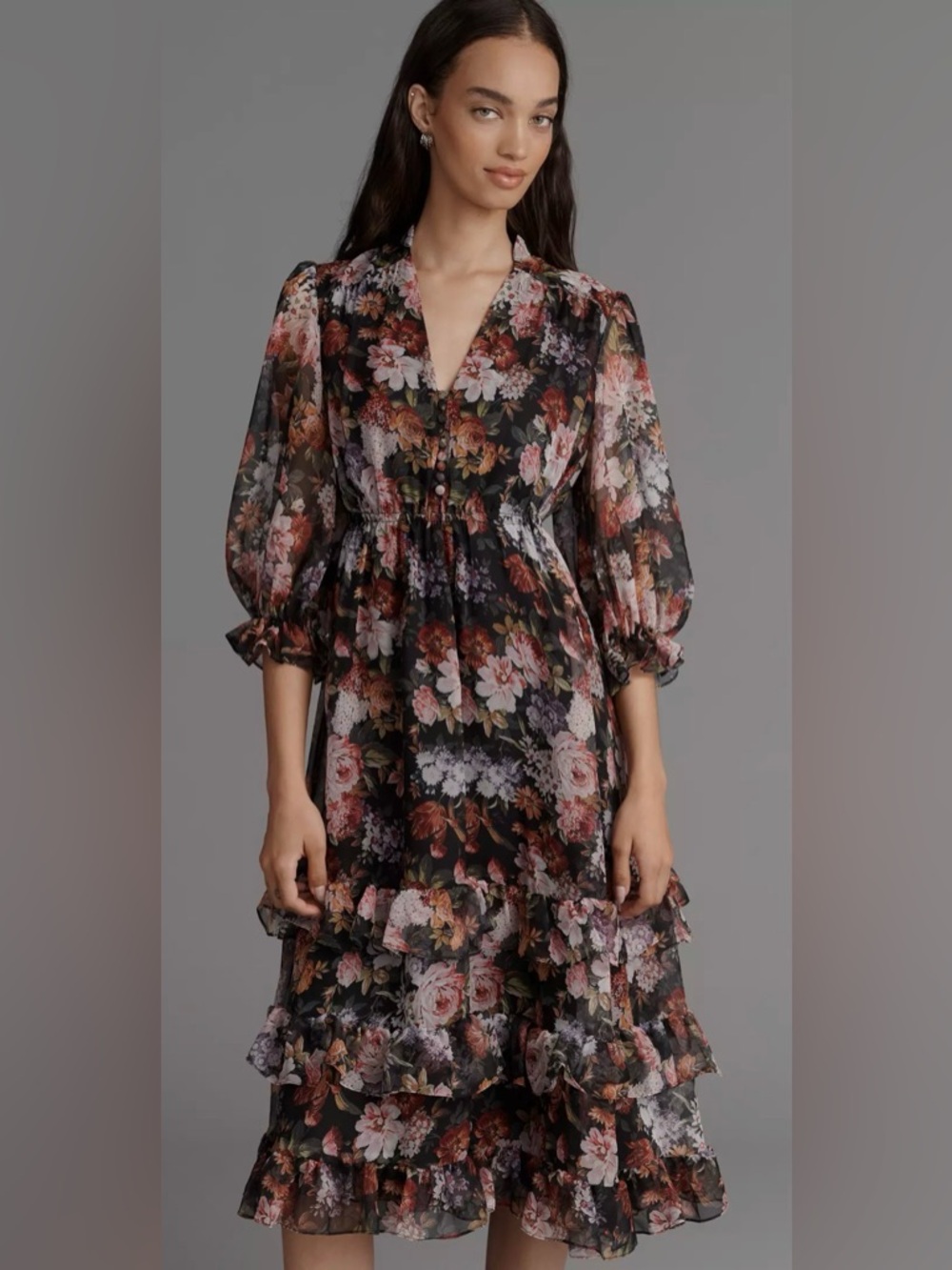 MAC DUGGAL 
Floral Chiffon Ruffle Midi Dress